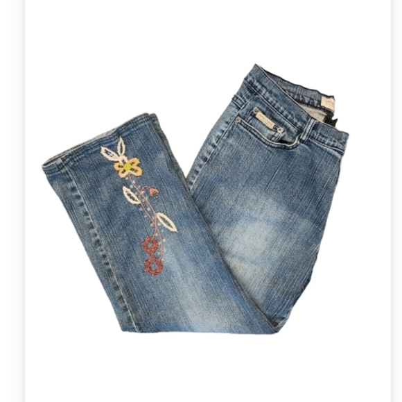 Vintage Simon Chang Faded Blue Straight Leg Jeans with Floral Embroidery - Picture 1 of 9
